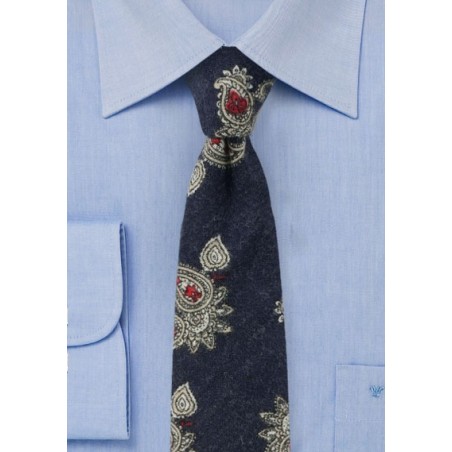 Dark Navy, White, and Red Paisley Flannel Tie