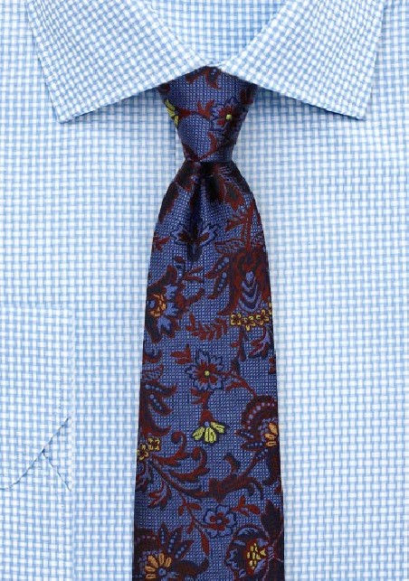 Delicate Floral Silk Tie in Blue, Burgundy, and Gold