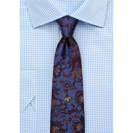Delicate Floral Silk Tie in Blue, Burgundy, and Gold
