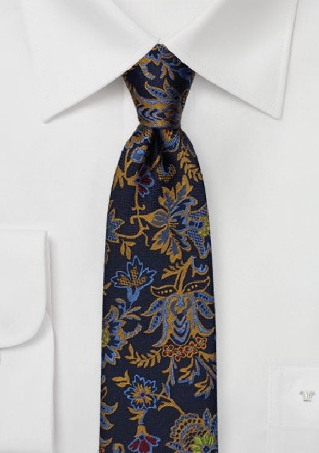 Dark Navy Silk Skinny Tie with Woven Florals in Gold