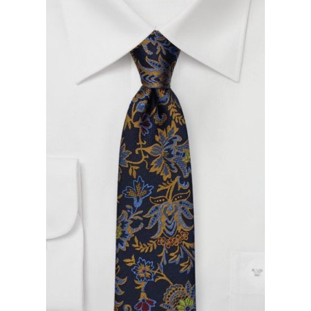 Dark Navy Silk Skinny Tie with Woven Florals in Gold