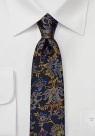 Dark Navy Silk Skinny Tie with Woven Florals in Gold