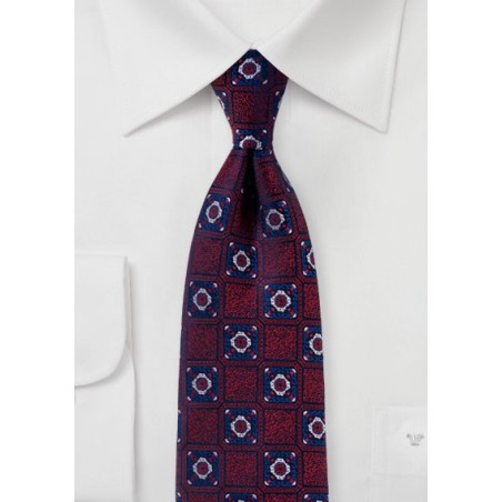 Dark Cherry Red and Navy Medallion Weave Tie