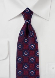 Dark Cherry Red and Navy Medallion Weave Tie