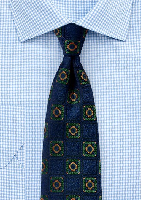 Bold Medallions in Orange and Green on Navy