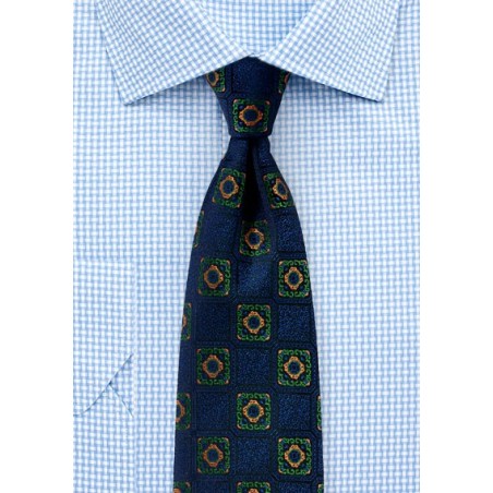 Bold Medallions in Orange and Green on Navy