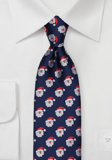 Dark Navy Tie with Embroidered Santas