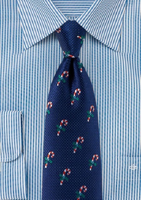 Classy Navy Tie with Embroidered Candy Canes