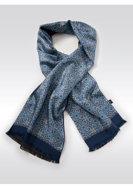 Retro Print Silk Scarf in Light Blues and Gold
