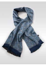 Retro Print Silk Scarf in Light Blues and Gold