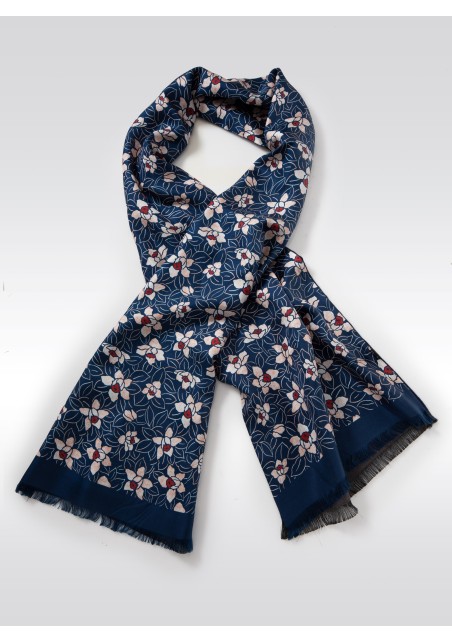 Navy Silk Scarf with Japanese Floral Print