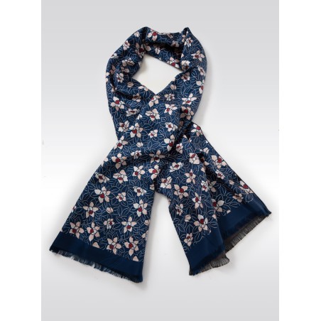 Navy Silk Scarf with Japanese Floral Print