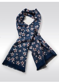 Navy Silk Scarf with Japanese Floral Print
