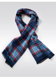 Tartan Check Silk Scarf in Reds and Blues
