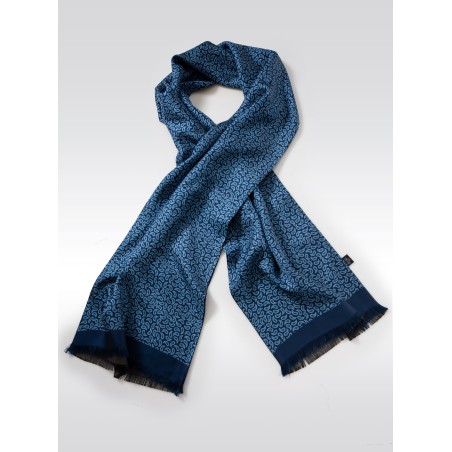 Fine Silk Scarf with Geometric Paisley Print in Blue
