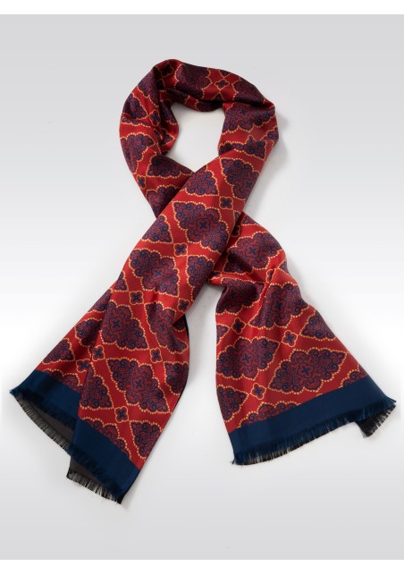 Persian Geometric Print Silk Scarf in Maroon, Navy, Gold
