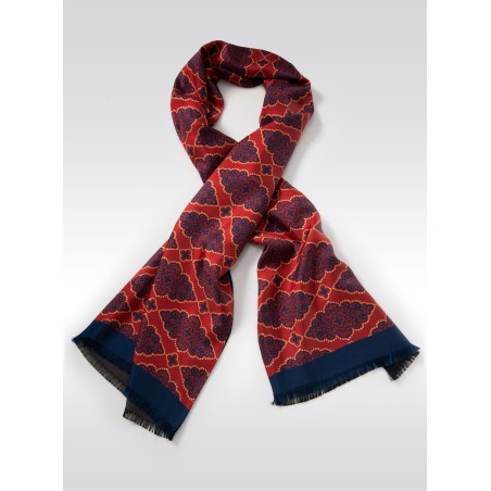 Persian Geometric Print Silk Scarf in Maroon, Navy, Gold
