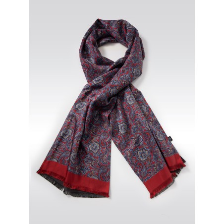 Italian Paisley Print Silk Scarf in Reds, Blues, and Gold