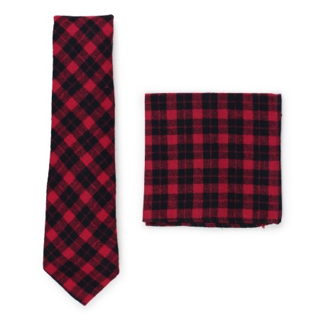 Tartan plaid necktie with hanky in crimson red and black