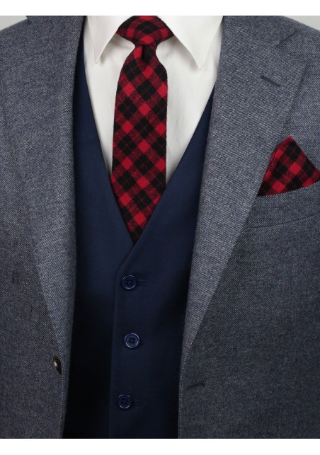 slim cut tartan plaid mens tie in crimson and black