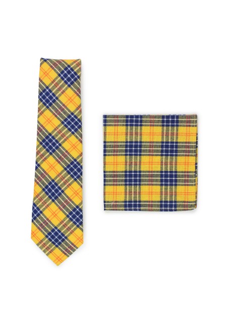 amber and navy tartan plaid tie and pocket square set