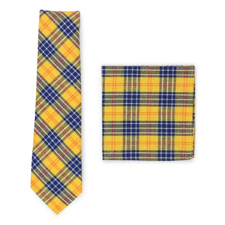 amber and navy tartan plaid tie and pocket square set