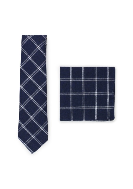 navy plaid tie with matching pocket square
