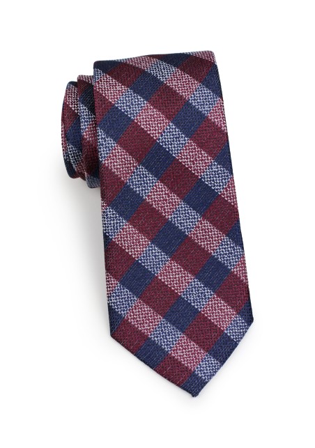 Standard length plaid burgundy necktie