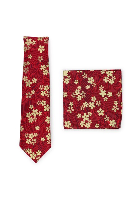 red floral tie with gold flower print in cotton