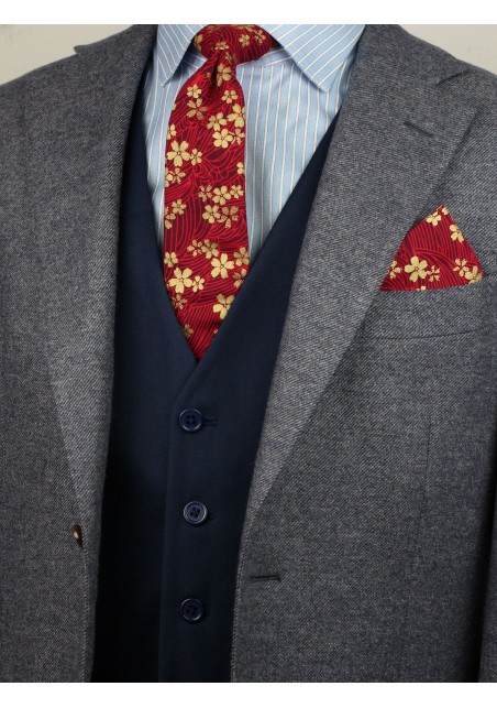 Japanese cotton print skinny tie in red and gold flowers