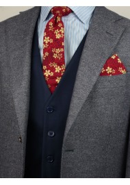 Japanese cotton print skinny tie in red and gold flowers