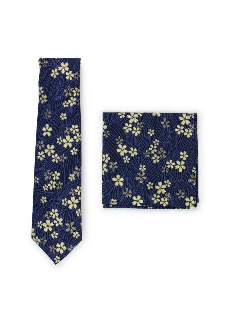 navy and metallic gold floral skinny tie in printed cotton