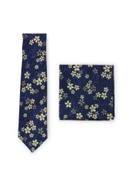 navy and metallic gold floral skinny tie in printed cotton