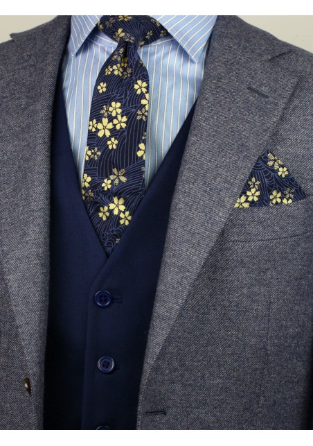 navy and metallic gold slim cut mens necktie with flower designs