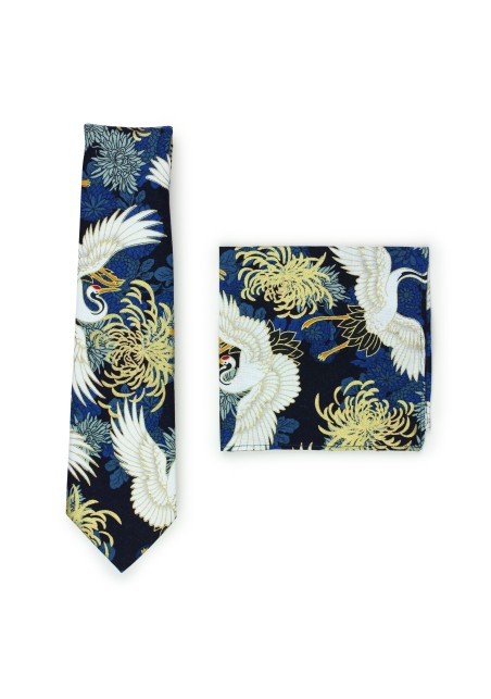 vintage Japanese designer tie set in blues and golds in printed cotton