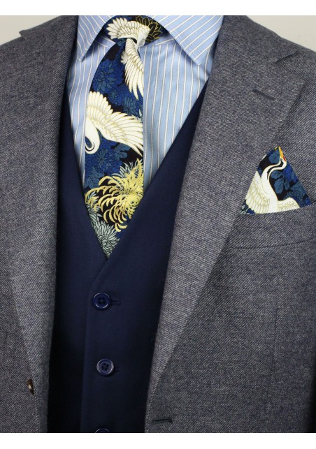 trendy Japanese vintage skinny tie in blue and metallic gold