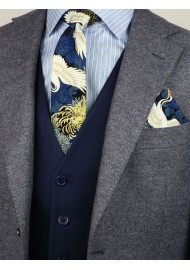 trendy Japanese vintage skinny tie in blue and metallic gold