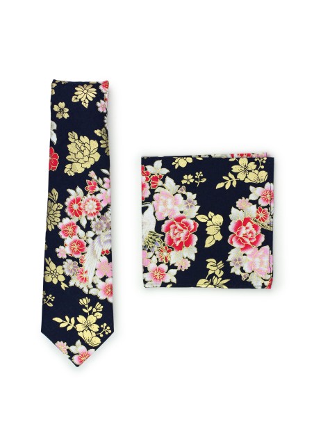 trendy Japanese Floral Tie in vintage design with matching hanky