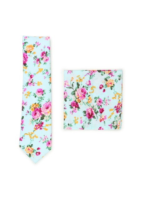 aqua and pink floral skinny cotton tie set