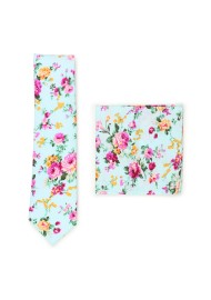 aqua and pink floral skinny cotton tie set
