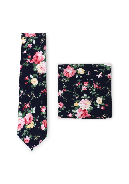 black and pink rose print cotton tie set