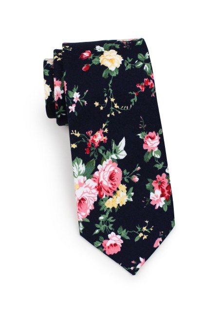 skinny cut cotton mens necktie with pink roses