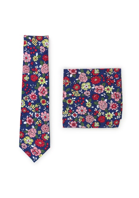 floral tie in cotton with matching colorful pocket square