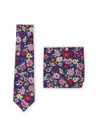 floral tie in cotton with matching colorful pocket square