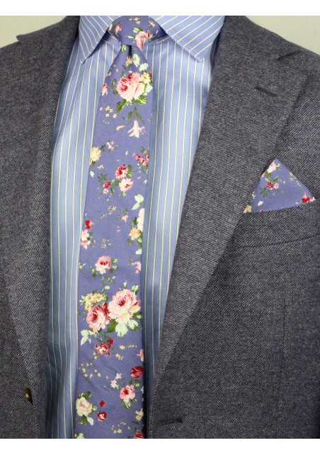 french blue floral necktie with hanky