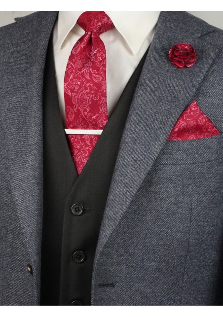 Matching raspberry red paisley necktie and pocket square