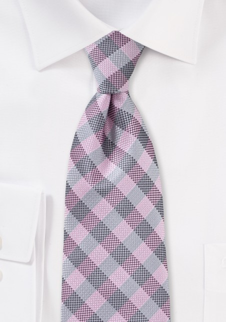Textured Plaid Tie in Pinks and Silver