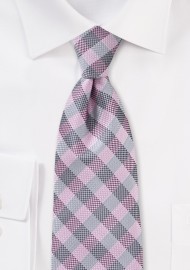 Textured Plaid Tie in Pinks and Silver