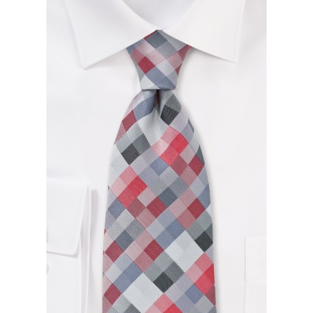 Diamond Check Tie in Red and Silver