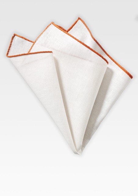 White Linen Hanky with Burnt Orange Border